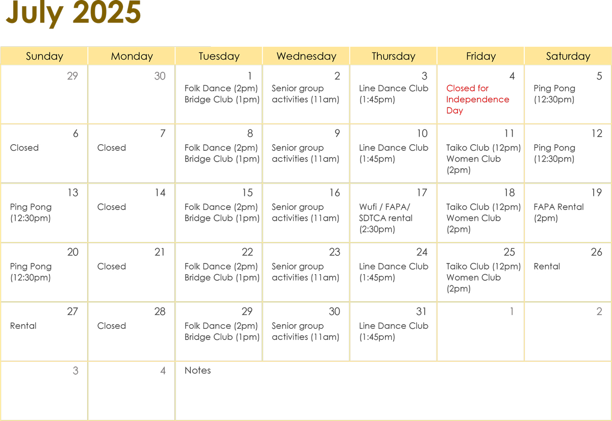 TACC San Diego monthly calendar